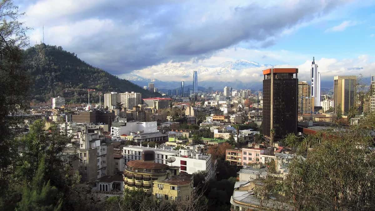 View of Santiago from Santa Lucía Hill with buildings and the Andes