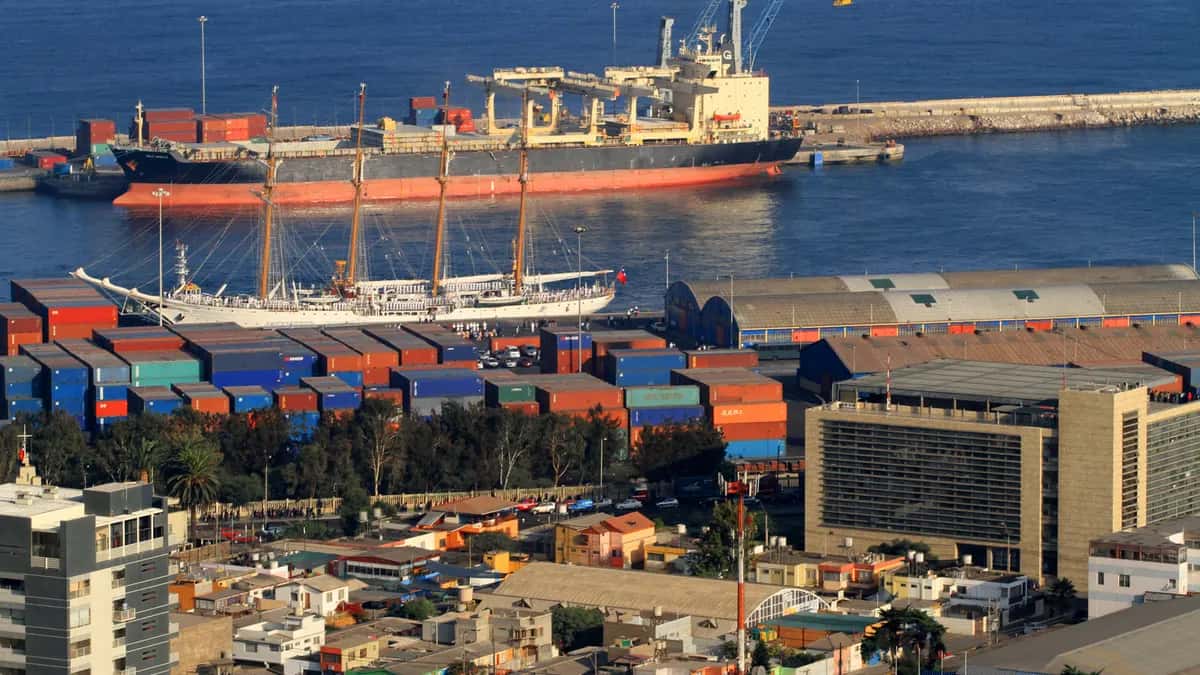 Port of Antofagasta with containers and a cargo ship