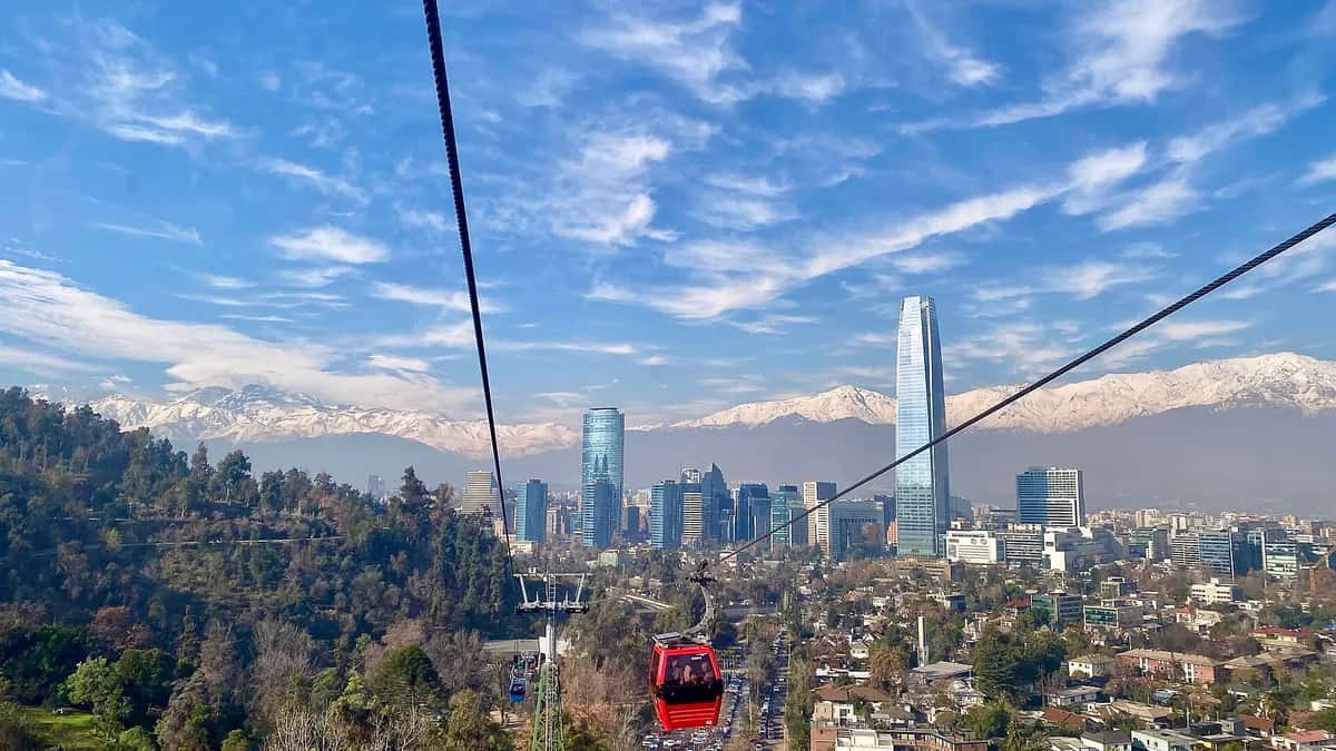 Santiago in winter seen from San Cristóbal Hill, with the snow-capped Andes
