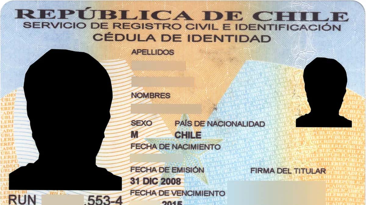 Modelo da carteira de identidade chilena emitida pelo Registro Civil, com dados anonimizados