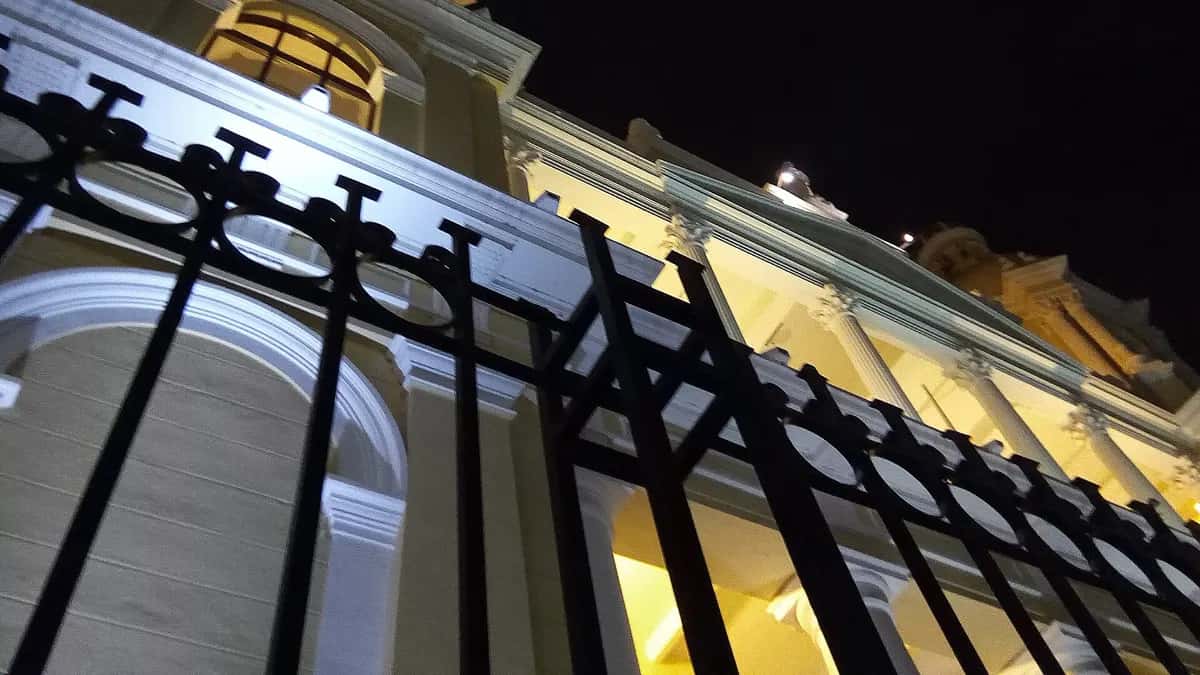 Illuminated facade of Chiclayo Cathedral at night