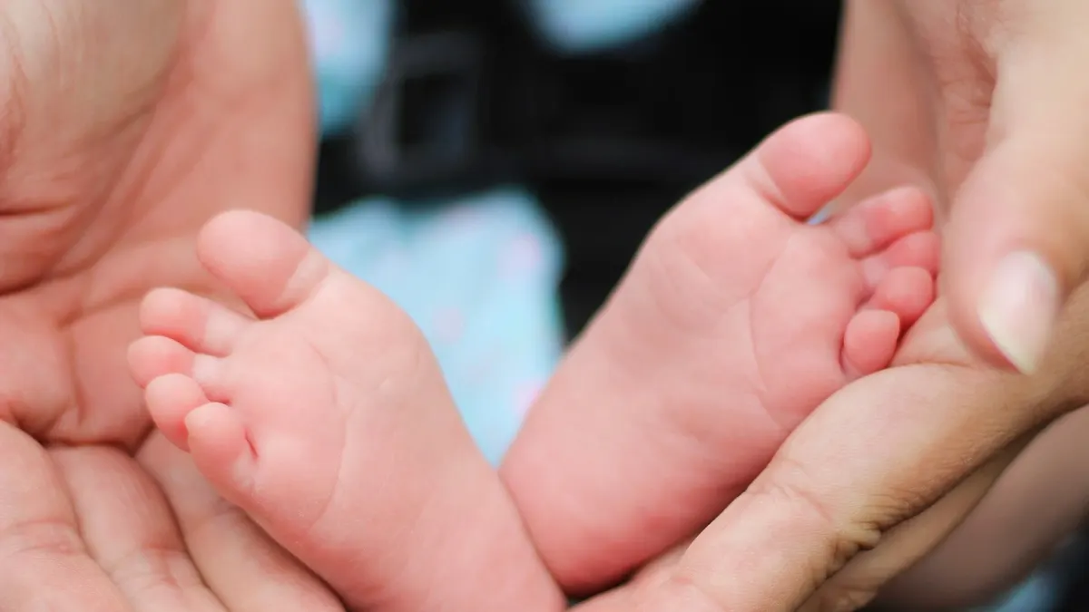 A newborn baby's feet in its mother's hands