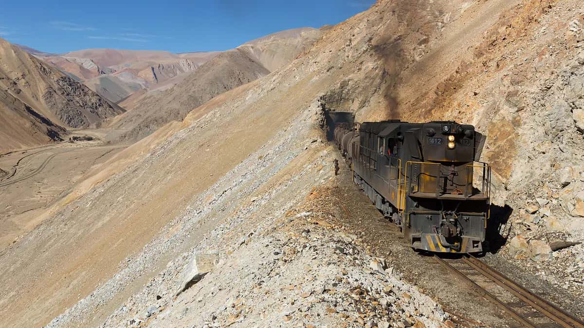 Freight train in the mountains near Potrerillos, in Atacama