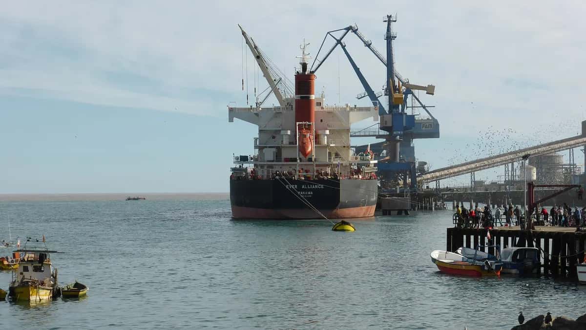 Buque portacontenedores y grúas en el puerto de San Antonio, Chile