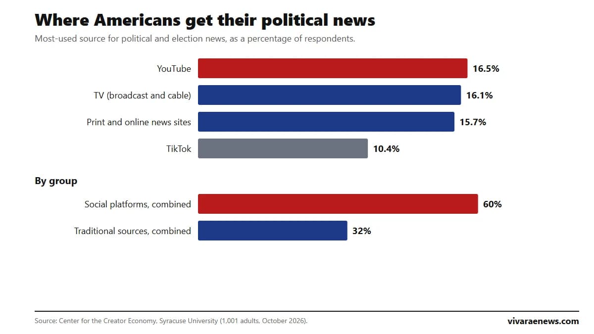 Bar chart: YouTube 16.5%, television 16.1%, print and online news sites 15.7% and TikTok 10.4% as the most-used source of political news in the United States