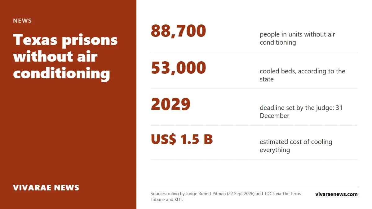 A federal judge ordered Texas to air-condition all its prisons by 31 December 2029. About 88,700 people live in units without air conditioning. The state has appealed.